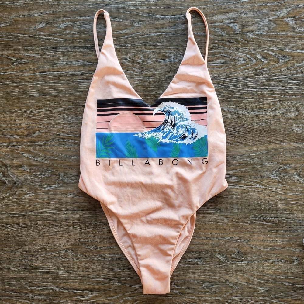 Billabong Womens Peach Shimmer Wave Graphic High Cut One Piece Swimsuit Medium